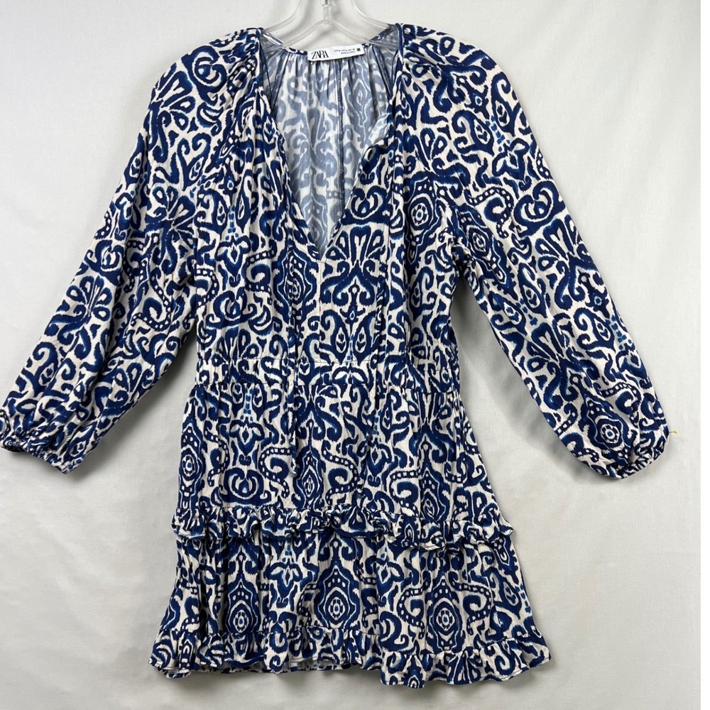 Zara Mini Dress Womens Medium Blue White Ikat Damask Ruffle Balloon Sleeve Boho - Picture 2 of 11